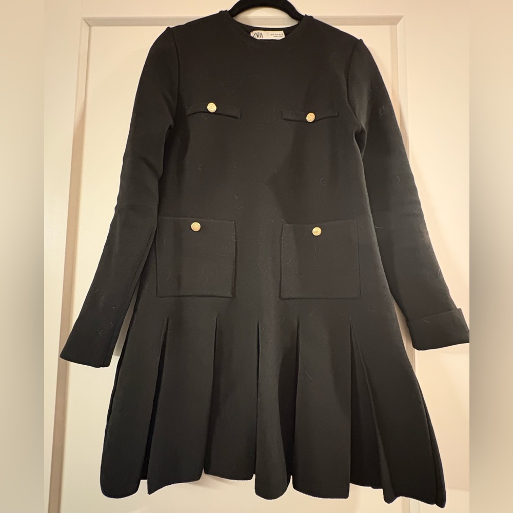 Zara Black Long Sleeve Pleated knit Dress with Gold Buttons